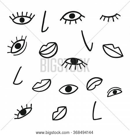 Hand Draw Vector Elements Mouth, Nose, Eyes