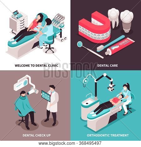Isometric Dantist Design Concept With 2x2 Set Of Dental Clinic Compositions With Dentist Characters 