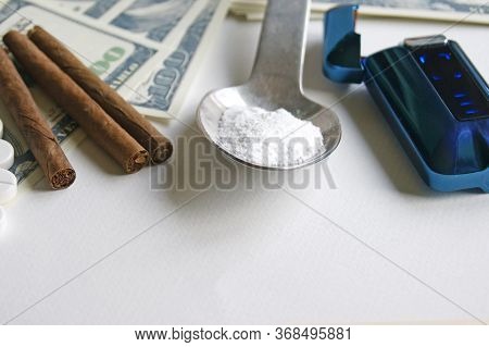 Drugs, Cigars And Money On A White Background. Addiction Concept