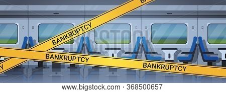 Empty No Pessenger Train Interior With Yellow Bankruptcy Crisis Tape Coronavirus Pandemic Quarantine