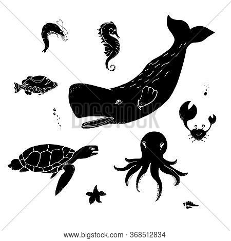 Ocean Animals Set: Sperm Whale, Sea Turtle, Octopus, Crab, Seahorse, Coral Fish, Shrimp, Starfish In