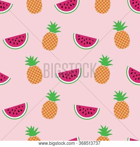 Exotic Tropical Watermelon And Pineapple. Vector Repeat Pattern. Great For Apparel, Home Decor, Back