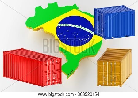 3d Map Of Brazil. Freight Shipping In Containers. Export From The Country In Containers. 3d Renderin