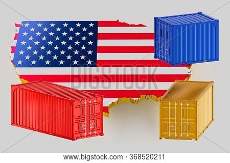 3d Map Of Usa. Freight Shipping In Containers. Export From The Country In Containers. 3d Rendering