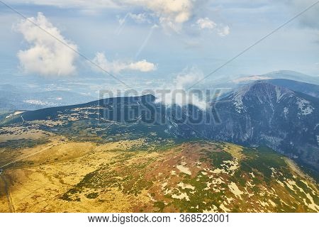 Summer Aerial View Of Snezka Mountain Summit In Krkonose Mountains, Czechia/ Poland.