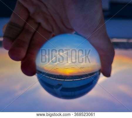 Sunset Catched In Glass Crystal Ball From Wroclaw Skyscraper