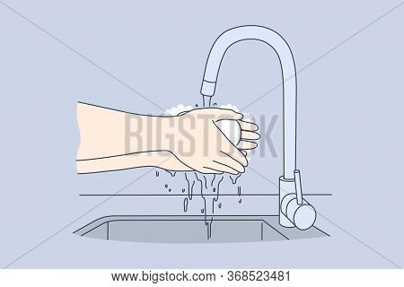 Hygiene, Disinfection, Cooking, Coronavirus, Protection Concept. Woman Or Man Washing Hands With Soa
