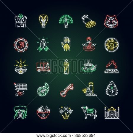 Indian Culture Neon Light Icons Set. National Animals. Traditional Ceremonies. Religious And Spiritu