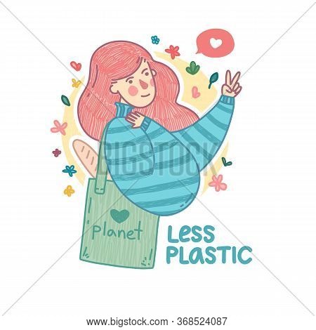 Zero Waste Lifestyle Banner. Eco Friendly Concept With Cute Girl Character. Woman With Reusable Mark