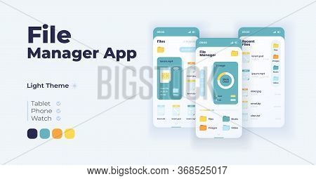 File Management System Cartoon Smartphone Interface Vector Templates Set. Mobile App Screen Page Day