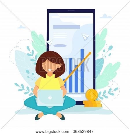 Vector Business Illustration, Girl Designer Freelancer Develops Business Application Online Onlain P