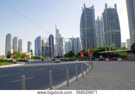 Dubai / Uae - May 26, 2020: Road With Light Traffic In Jlt At Sunset. Beautiful New District In Duba