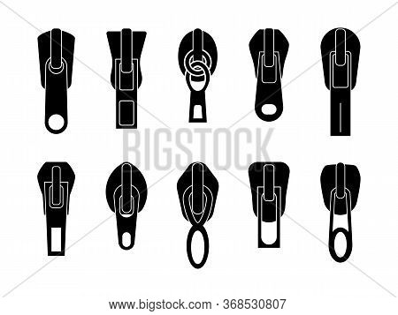 Zip Pulls Or Zipper Pullers, Black Zip Lock Stock Collection Isolated On White Background. Closed An