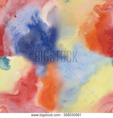 Abstract Seamless Watercolor Background In Blue Dark Blue, Red And Yellow Colors.