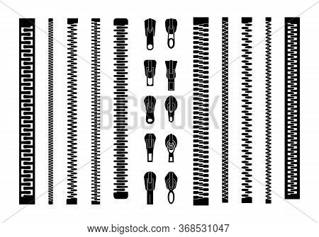 Zip Pulls Or Zipper Pullers, Black Zip Lock Stock Collection Isolated On White Background. Closed An