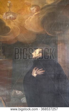 ZAGREB, CROATIA - SEPTEMBER 26, 2018: Saint Francis Borgia, altar in the Church of Saint Catherine of Alexandria in Zagreb, Croatia