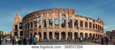 Rome, Italy - October 2019 : Many Tourists Visit The Colosseum Or Coliseum, Italy, Europe. People Wa