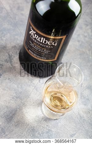 Trondheim, Norway - May 20 2020: Ardbeg Corryvreckan single malt scotch whisky bottle and glass