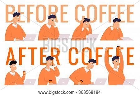 Set Of Poses Businessman With Different Emotions And Expressions. Side View. Color Vector Flat Carto