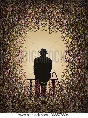 An Old Man Sits On A Bench With His Cane And Is Surrounded By A Tangle Of Colorful Tangles Of Troubl