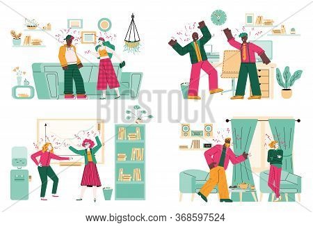 Angry People Having Fight In Room Interiors - Cartoon Couples In Screaming Argument Inside Apartment