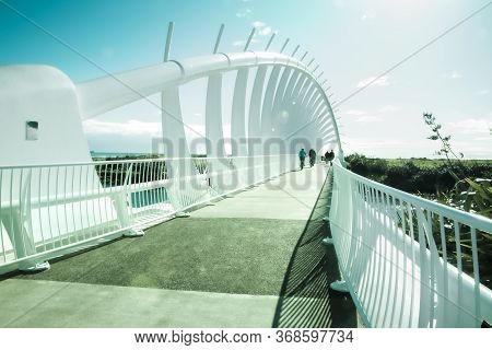 New Plymouth New Zealand - Tjuly 27 2014; Te Rewa Rewa Bridge With Architectural Structure Across Wa