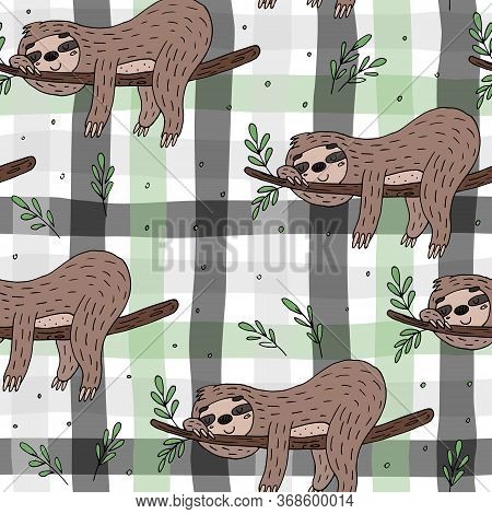 Seamless Pattern With Cute Doodle Sloth Print. Creative Kids Hand Drawn Texture For Fabric, Wrapping