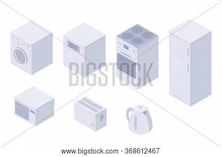 Set Of Isometric Kitchen Home Utilities. A Washing Machine, Dishwasher, Oven, Stove, Fridge, Microwa