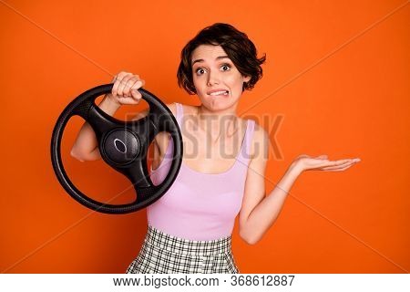 Portrait Of Frustrated Girl Hold Steering Wheel Have No Drive License Get Car Crash Bite Lips Teeth 