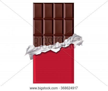 Chocolate Bar In Red Wrapper On White Background
