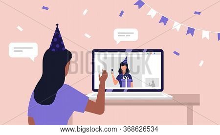 Online Birthday Party Celebration. Self Isolation. Quarantine. Friends. Vector