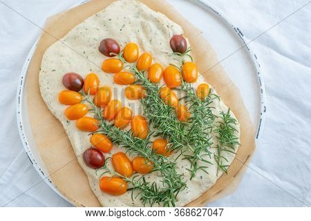 Home Made Gardenscape Focaccia Bread On A Table