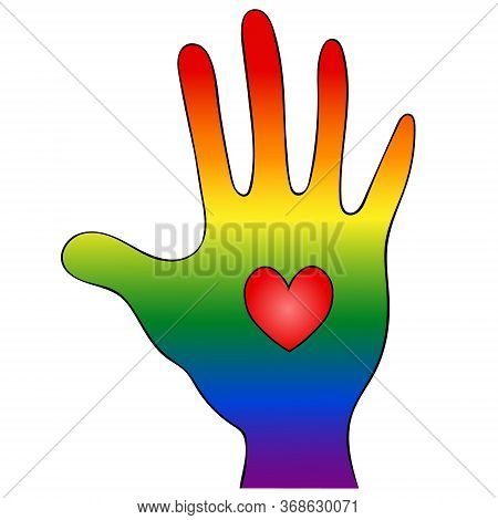Palm And Heart. Symbolism Of The Lgbt Rainbow Flag. Vector Illustration. Hand On An Isolated White B