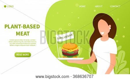 Girl Holding A Fake Meat Burger. Artificial Cultured Meat Concept. Lab Grown Burger. Plant Based Bey