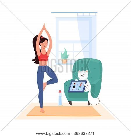 Workouts Online, Yoga, Vrksasana Vector. The Girl Goes In For Sports At Home Through Video Calling O