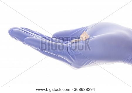 Ecstasy Pill In A Hand With Disposable Vinyl Gloves Isolated On White Background. Mdma Research, The