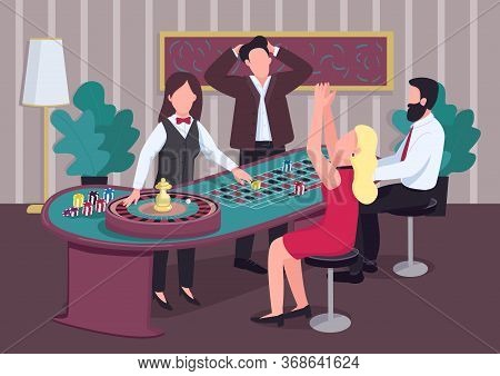 Casino Flat Color Vector Illustration. Group Of People Play At Roulette Table. Croupier Deal Chips. 