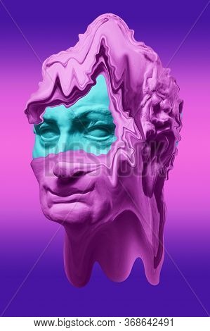 Collage With Plaster Antique Sculpture Of Human Face In A Pop Art Style. Creative Concept Colorful N