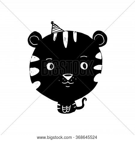 Black Doodle Tiger In Birthday Cap. Cartoon Kids Characters In Triangular Shape