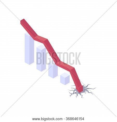 Economic And Financial Crisis Isometric Vector Illustration - Falling Graph With Red Arrow Breaking 