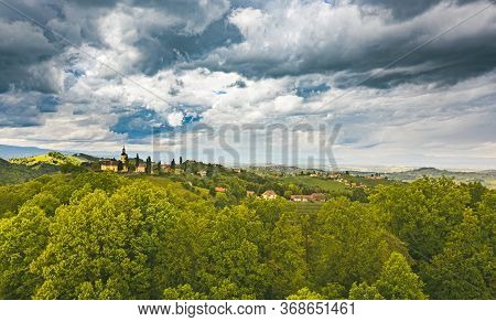 Austria Vineyards In Spring Landscape. Leibnitz Area In South Styria, Wine Country. Tuscany Like Pla