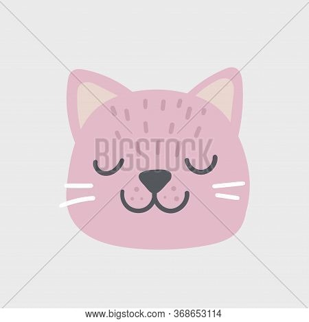 Pink Cat Head With Closed Eyes. Cute Cartoon Funny Character. Pet Baby Print Collection. Scandinavia