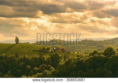 Gamlitz Town In Austria Vineyards In Sulztal Area South Styria, Famous Wine Country. Wine Road Touri