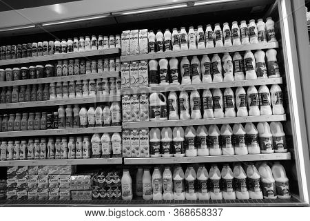 Dubai Uae December 2019 Milk Bottles Arranged On Shelves For Sale. Variety Of Sizes. Also Present Fl