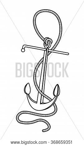 Grapnel & Rope, Mooring Elements For Emblem, Logo, Sea Symbol, Vector Illustration With Black Contou