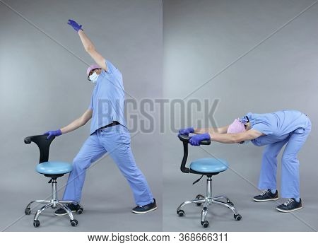 Caucasian dentist doing stretching exercises  at the chair