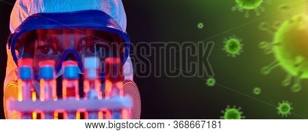 COVID-19. Close-up portrait of a doctor in a protective suit showing blood samples of infected people in test-tubes. Coronavirus test. Black background with red and blue light.