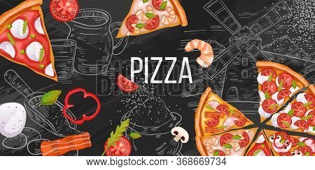 Pizza Menu Banner With Realistic Slices, Bacon, Tomatoes, Shrimp, Mozzarella On Engraving Background