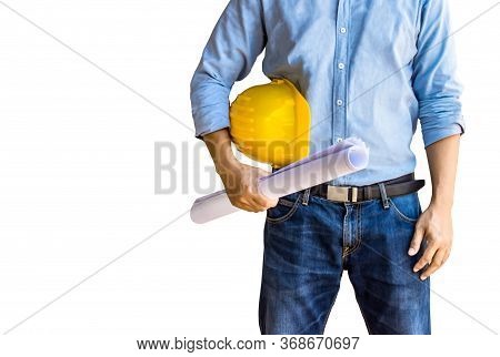 Architect And Yellow Hard Hat On White Background With Clipping Path,isolated