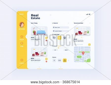 Real Estate Options Tablet Interface Vector Template. Mobile App Page Day Mode Design Layout. Apartm